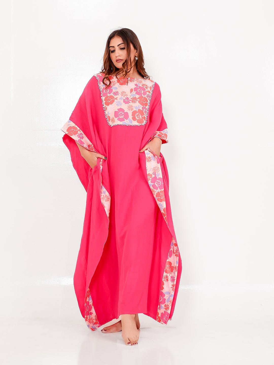 The Kaftan Company Kaftan Pink Floral Cotton Kaftan with Pockets