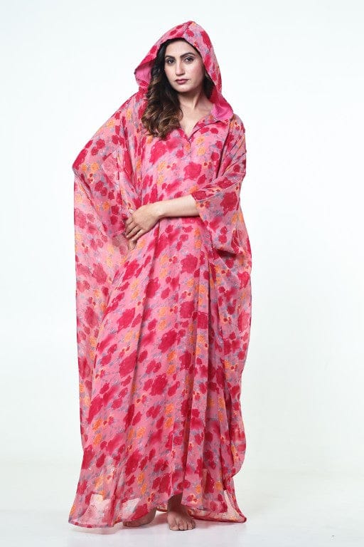 The Kaftan Company Kaftan Pink Floral Georgette Hooded Loungewear Kaftan with Crepe Slip