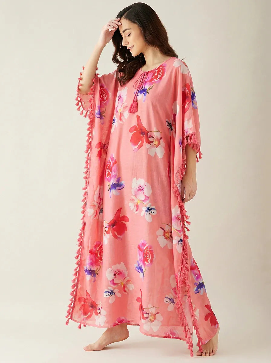The Kaftan Company Kaftan Pink Floral Print Modal Kaftan with Tassel Trim & Pockets