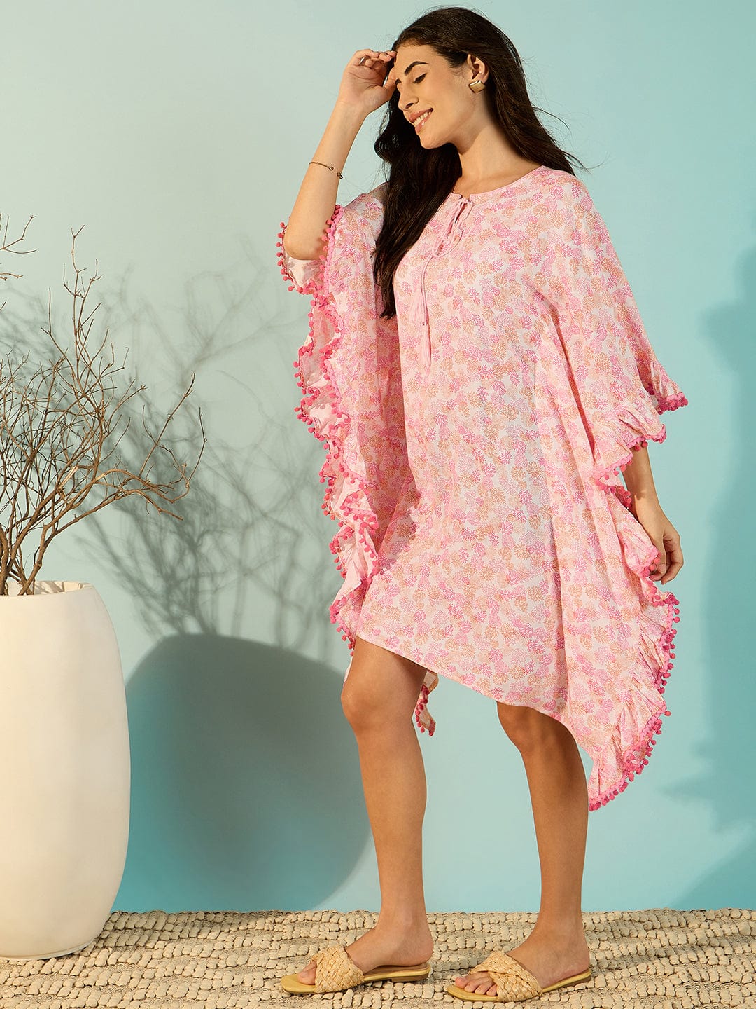 The Kaftan Company Kaftan Pink Floral Printed Beach & Resortwear Kaftan For Women