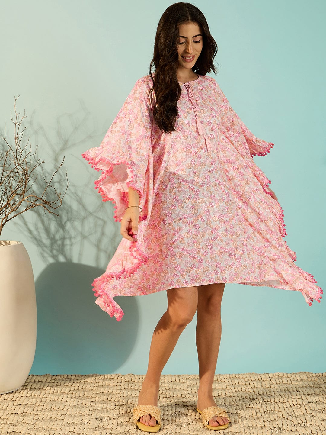 The Kaftan Company Kaftan Pink Floral Printed Beach & Resortwear Kaftan For Women