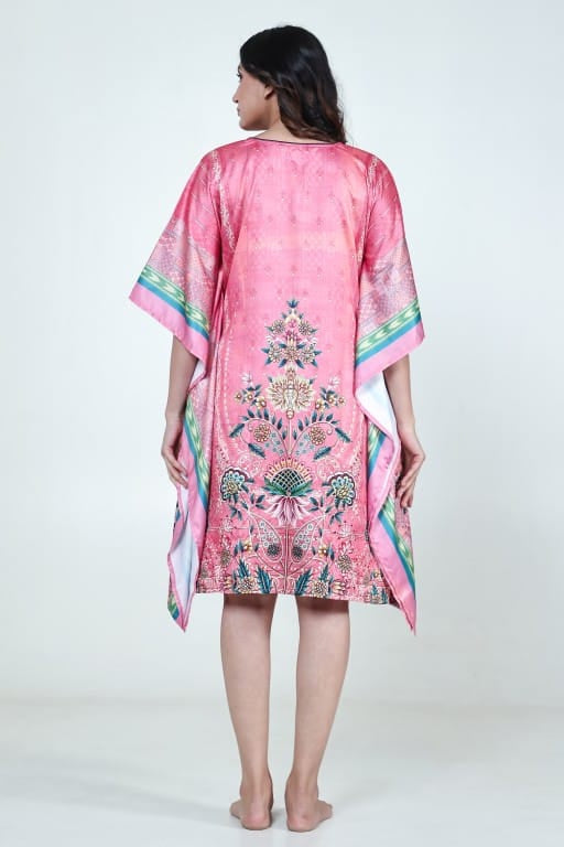 The Kaftan Company Kaftan Pink Floral Printed Satin Kaftan with Pockets