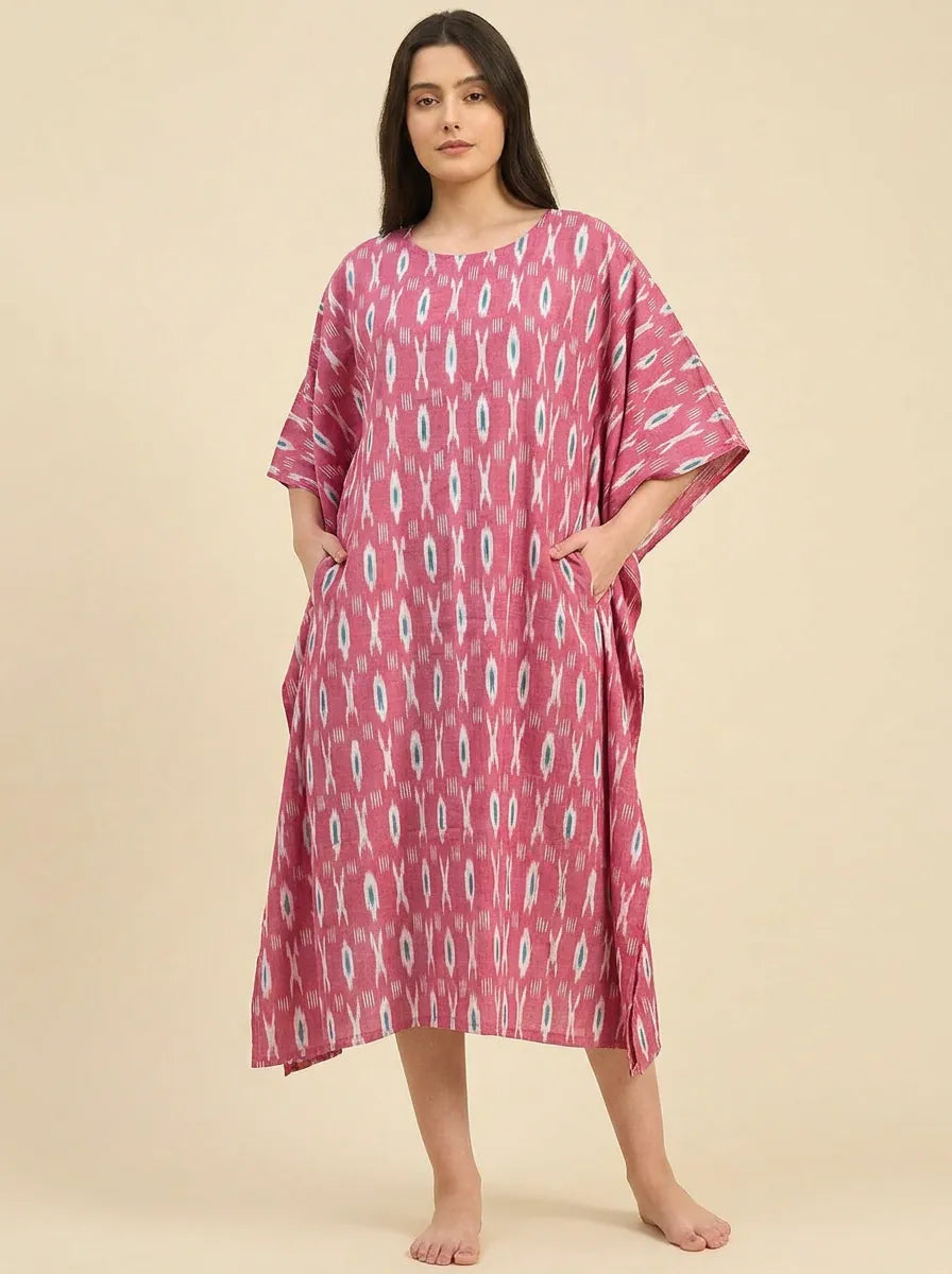 The Kaftan Company Kaftan Pink Ikat Handloom Cotton Kaftan with Pockets