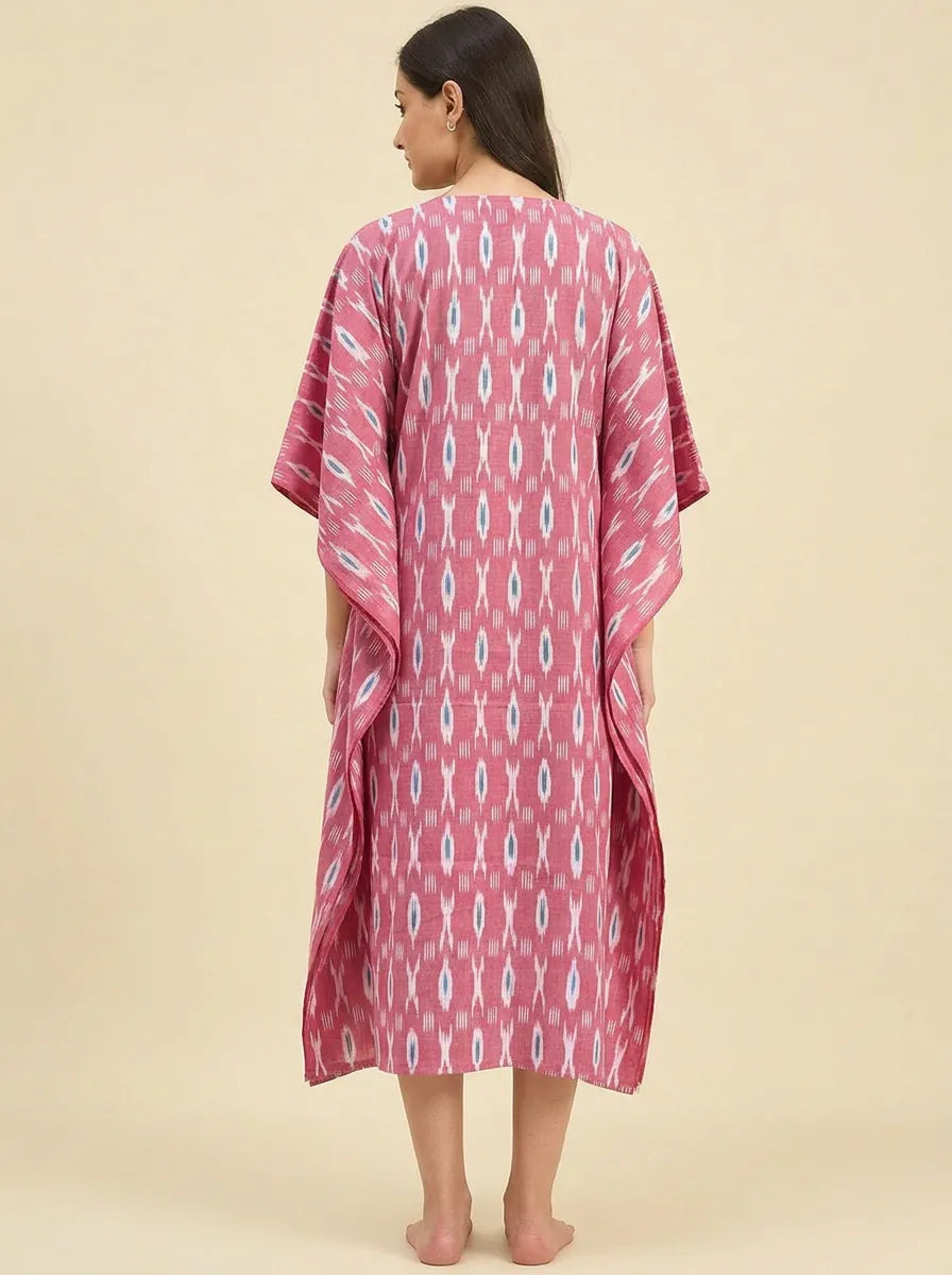 The Kaftan Company Kaftan Pink Ikat Handloom Cotton Kaftan with Pockets
