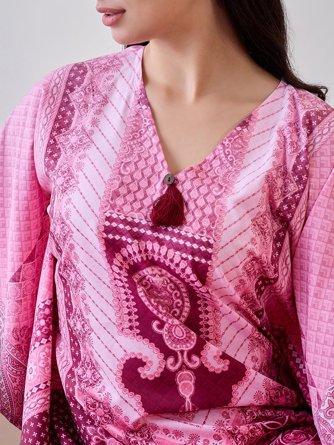 The Kaftan Company Kaftan Pink Intricate Printed Crepe Kaftan Nightdress