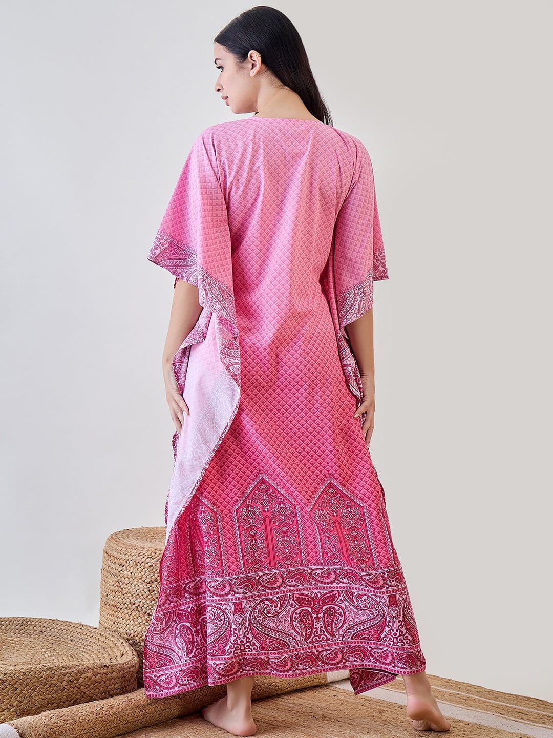 The Kaftan Company Kaftan Pink Intricate Printed Crepe Kaftan Nightdress