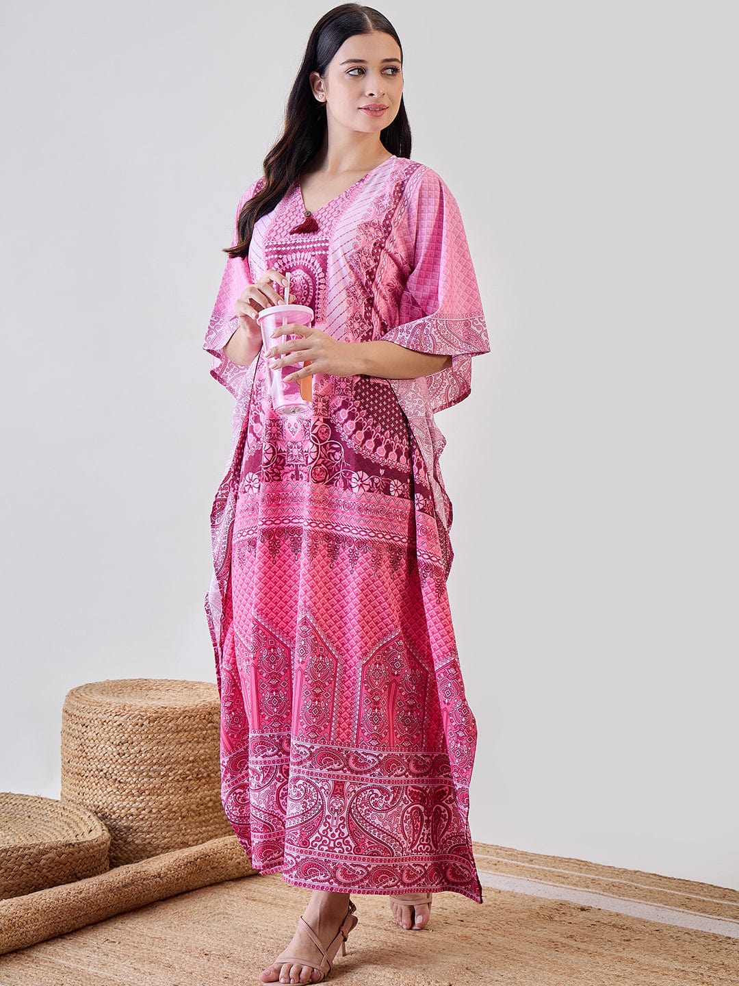 The Kaftan Company Kaftan Pink Intricate Printed Crepe Kaftan Nightdress