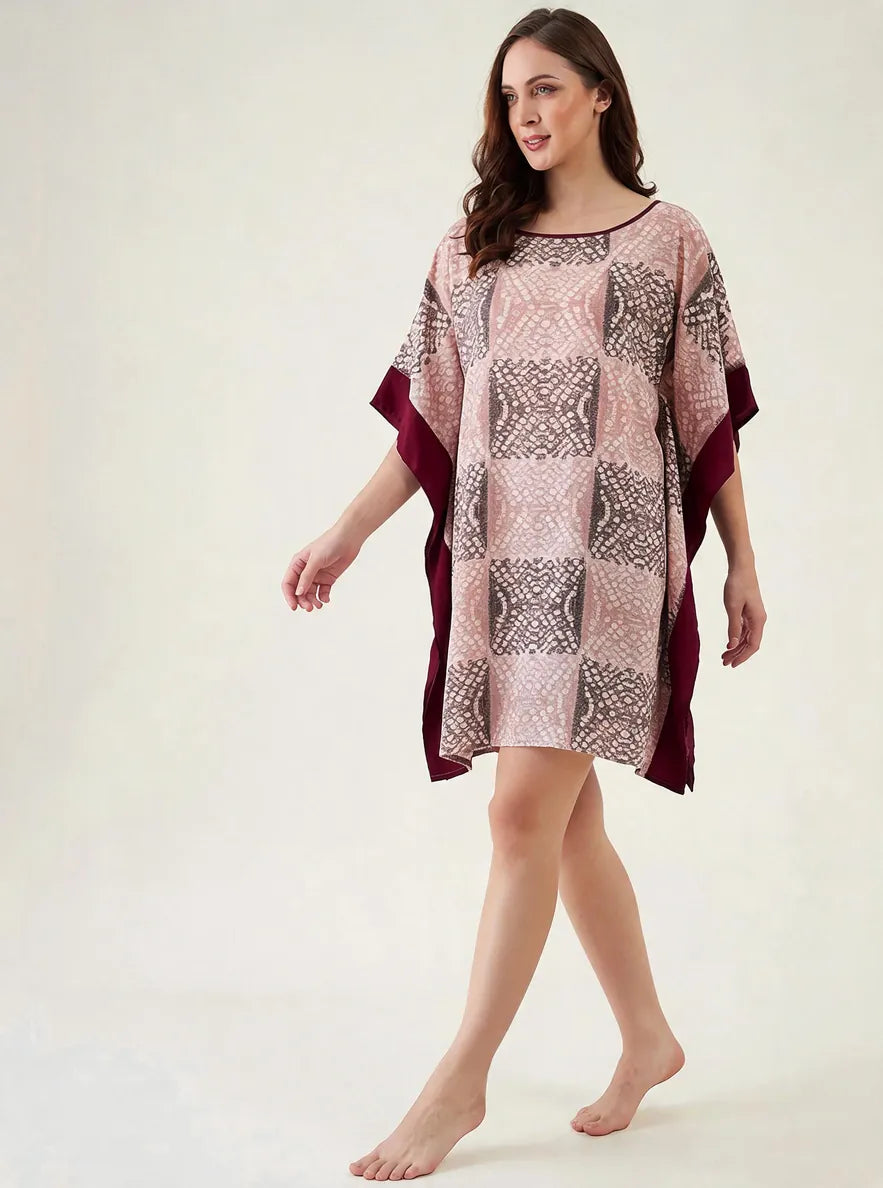 The Kaftan Company Kaftan Pink & Maroon Print Short Kaftan with Contrast Trim