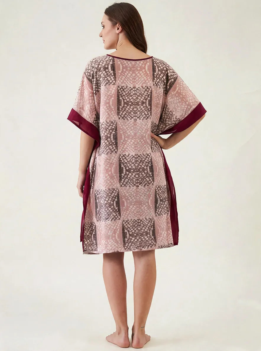 The Kaftan Company Kaftan Pink & Maroon Print Short Kaftan with Contrast Trim