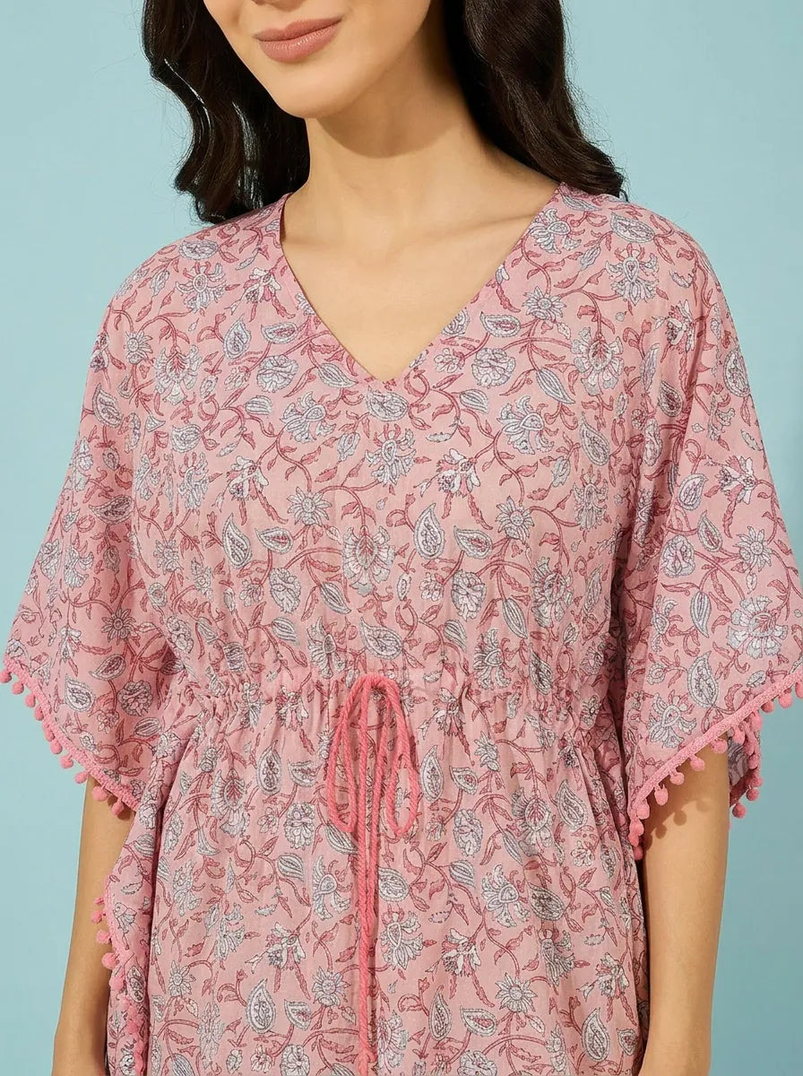 The Kaftan Company Kaftan Pink Paisley Floral Drawstring Cotton Kaftan