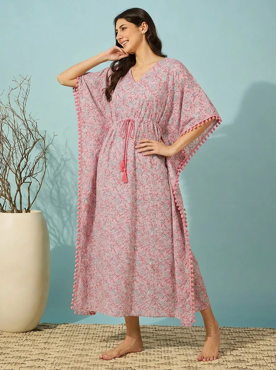 The Kaftan Company Kaftan Pink Paisley Floral Drawstring Cotton Kaftan