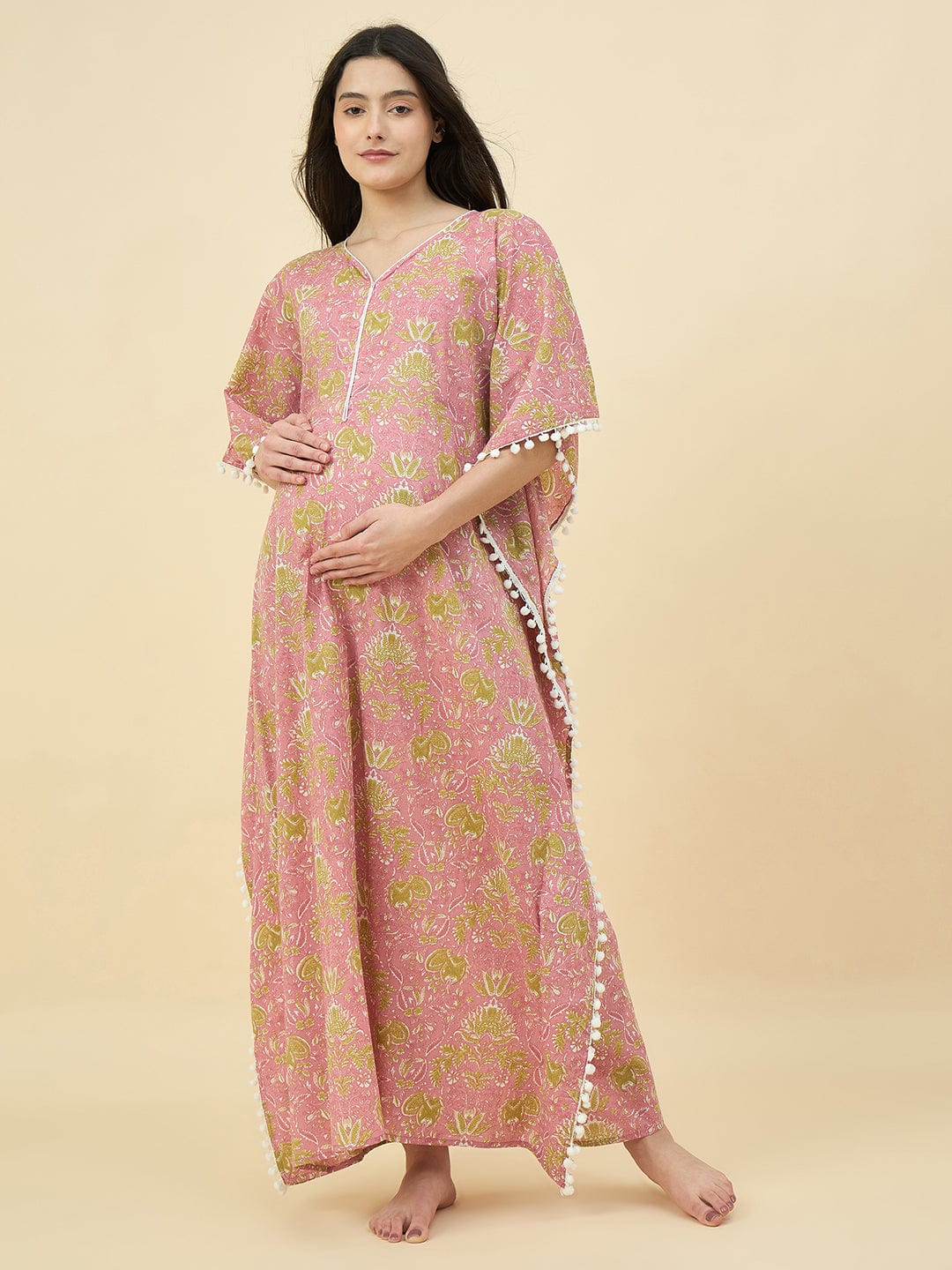 The Kaftan Company Kaftan Pink Printed Cotton Maternity Kaftan with Feeding Zipper