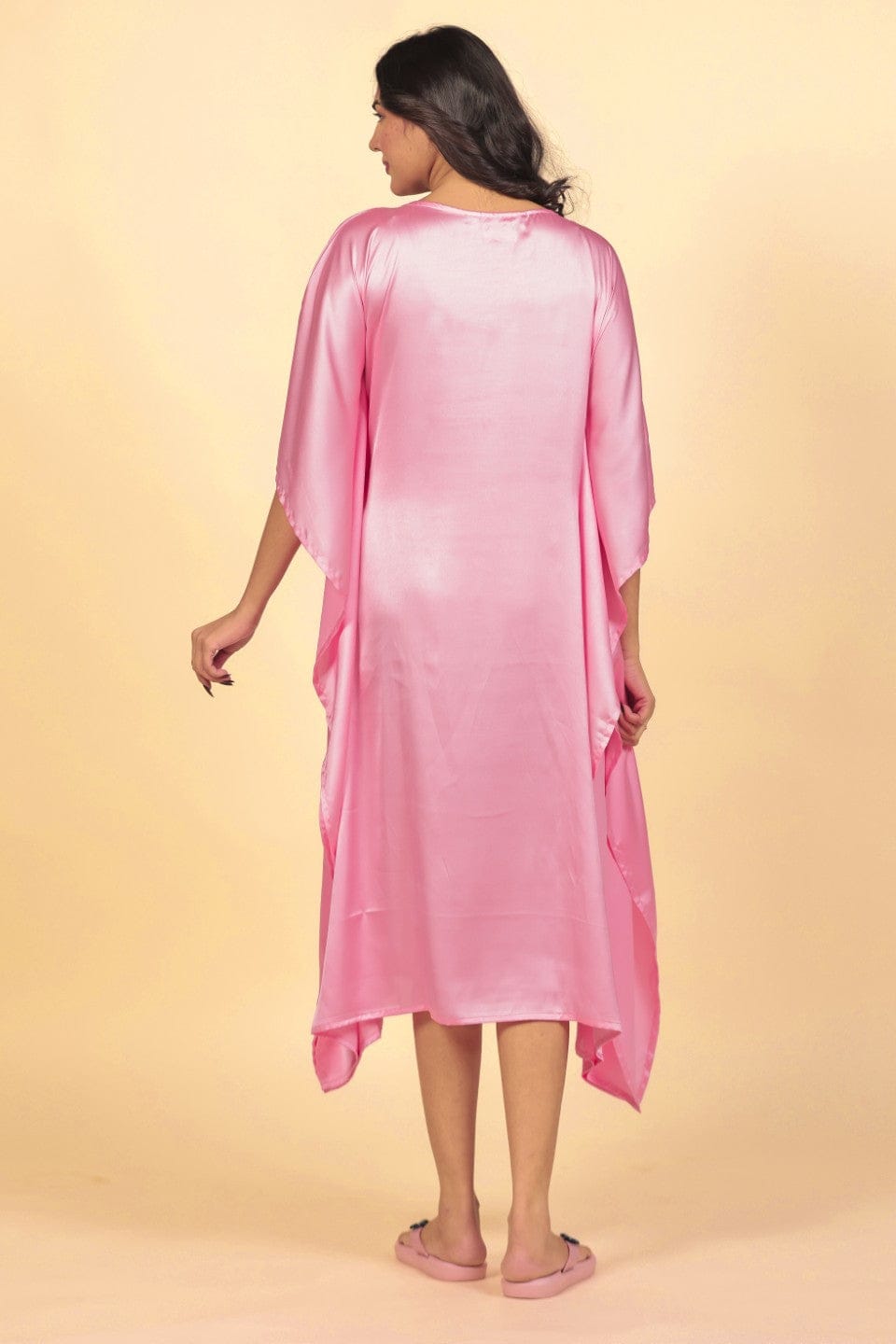 The Kaftan Company Kaftan Pink Solid Lustrous Satin Kaftan Nightdress with Tassel Detail