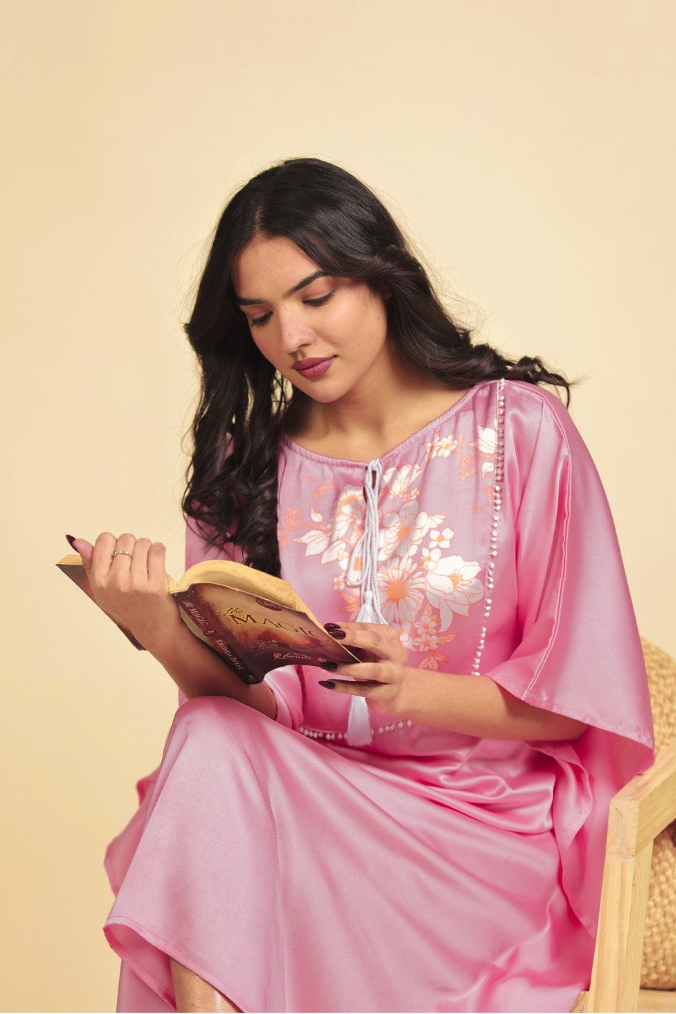 The Kaftan Company Kaftan Pink Solid Lustrous Satin Kaftan Nightdress with Tassel Detail