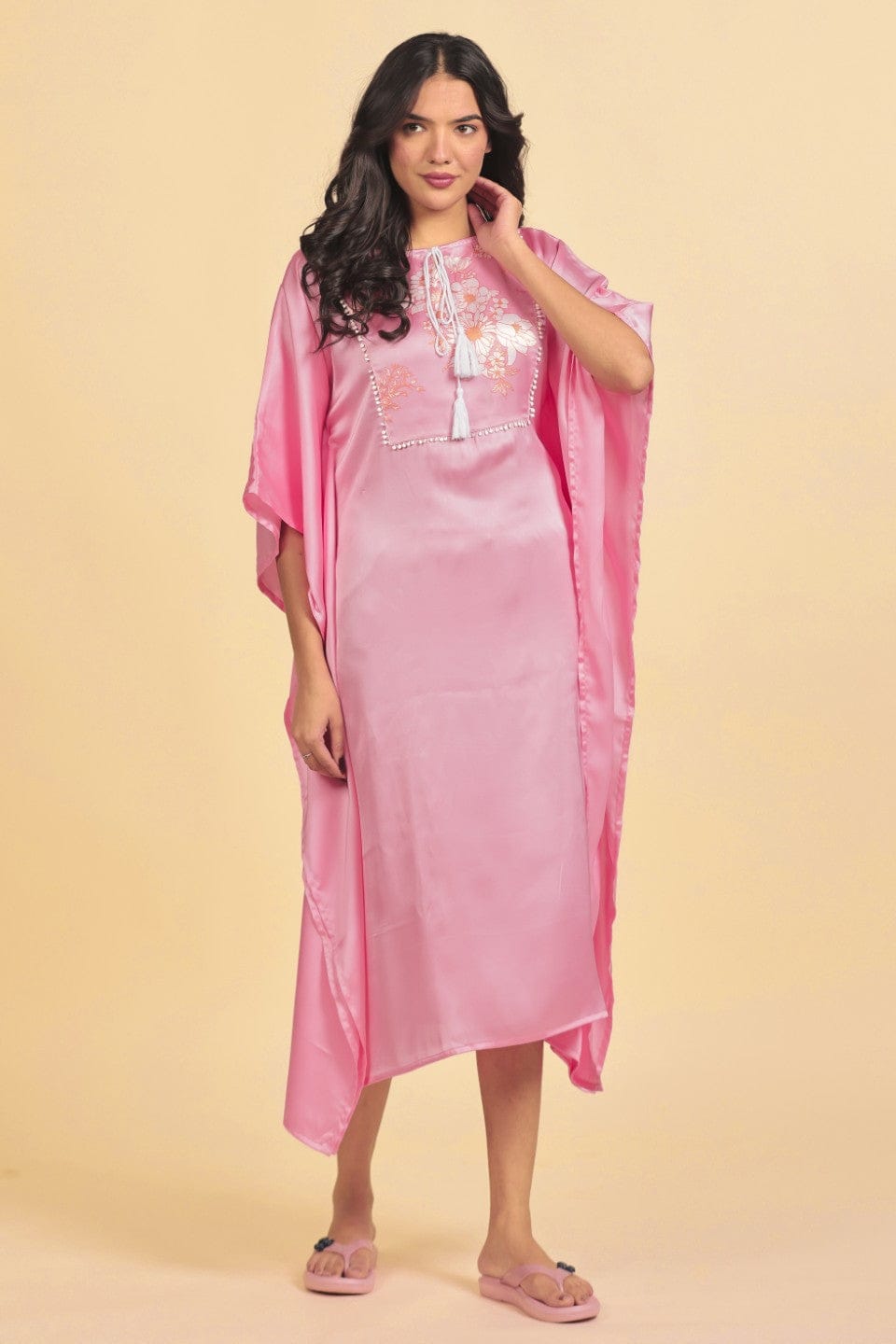 The Kaftan Company Kaftan Pink Solid Lustrous Satin Kaftan Nightdress with Tassel Detail