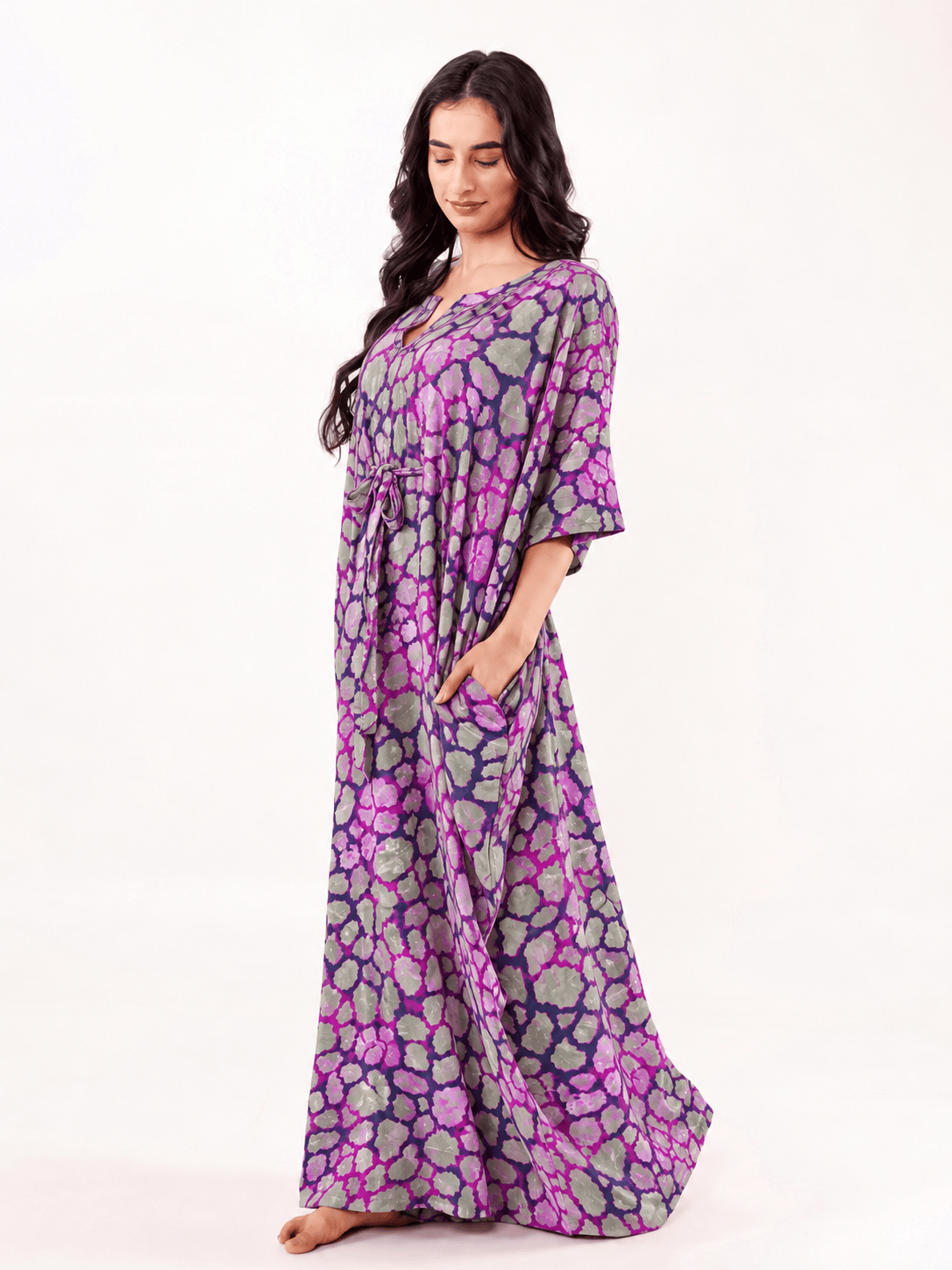 The Kaftan Company Kaftan Purple Printed Cotton Kaftan with Drawstring Waist