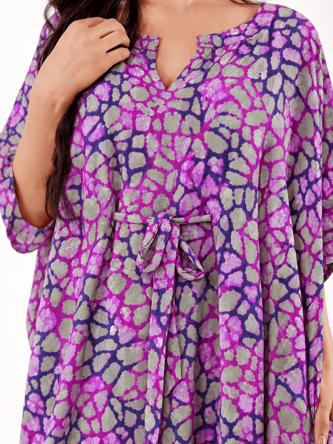 The Kaftan Company Kaftan Purple Printed Cotton Kaftan with Drawstring Waist