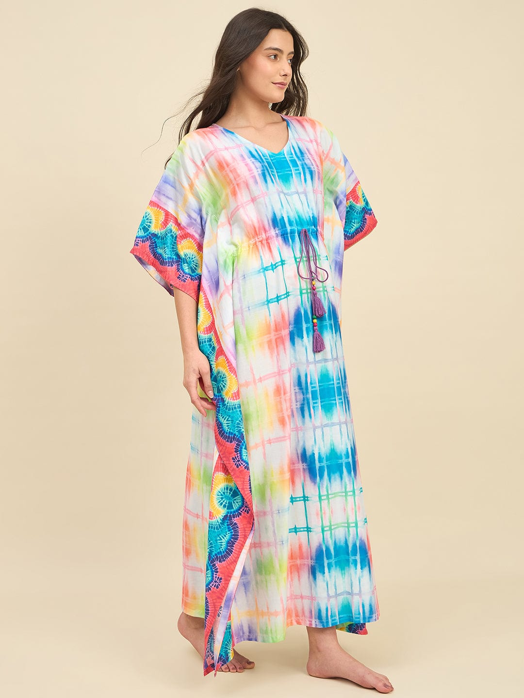 The Kaftan Company Kaftan Rainbow Grid Tie-Dye Printed Cotton Kaftan with Tassel Drawstring