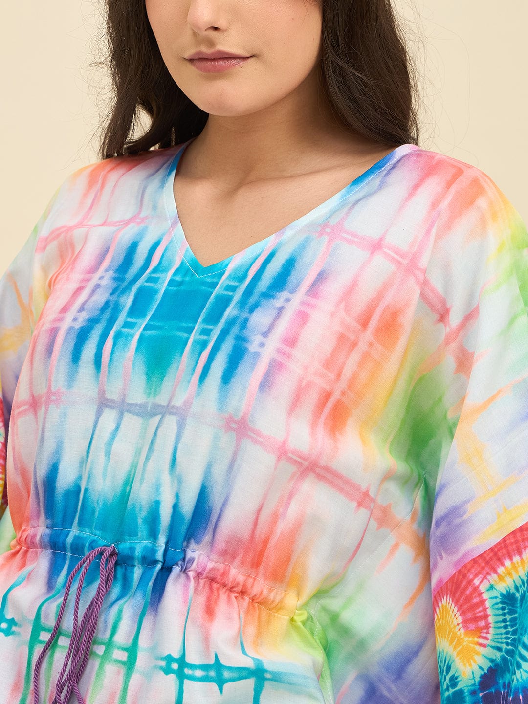 The Kaftan Company Kaftan Rainbow Grid Tie-Dye Printed Cotton Kaftan with Tassel Drawstring