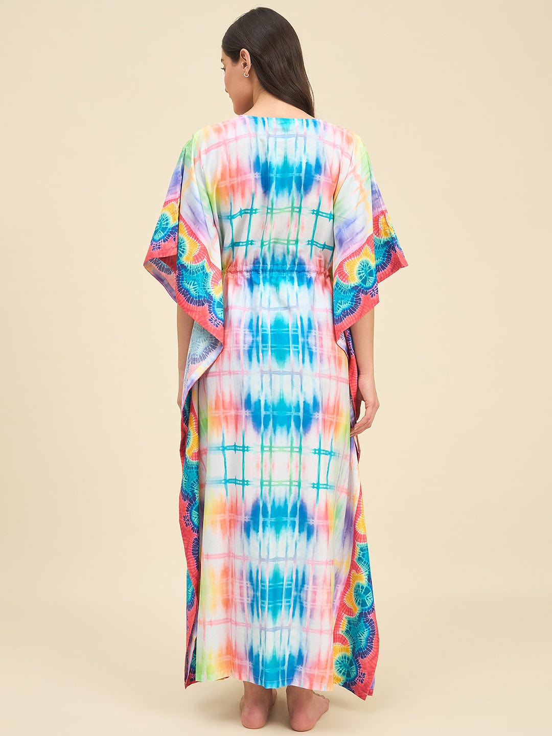 The Kaftan Company Kaftan Rainbow Grid Tie-Dye Printed Cotton Kaftan with Tassel Drawstring