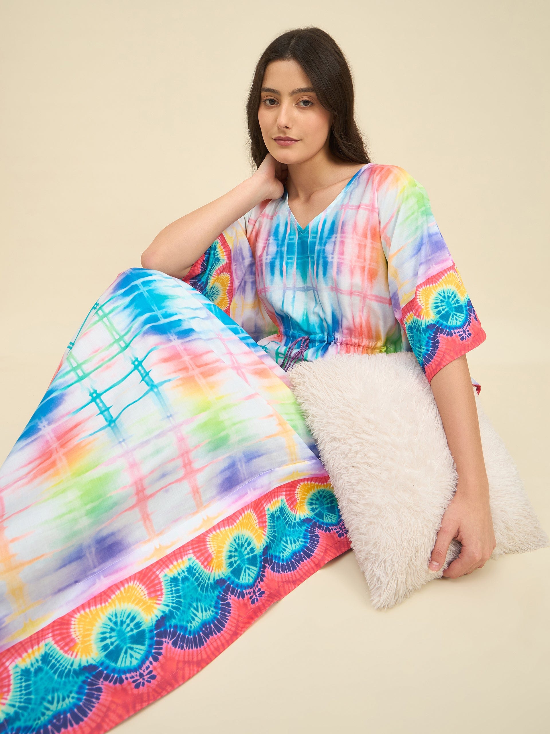 The Kaftan Company Kaftan Rainbow Grid Tie-Dye Printed Cotton Kaftan with Tassel Drawstring