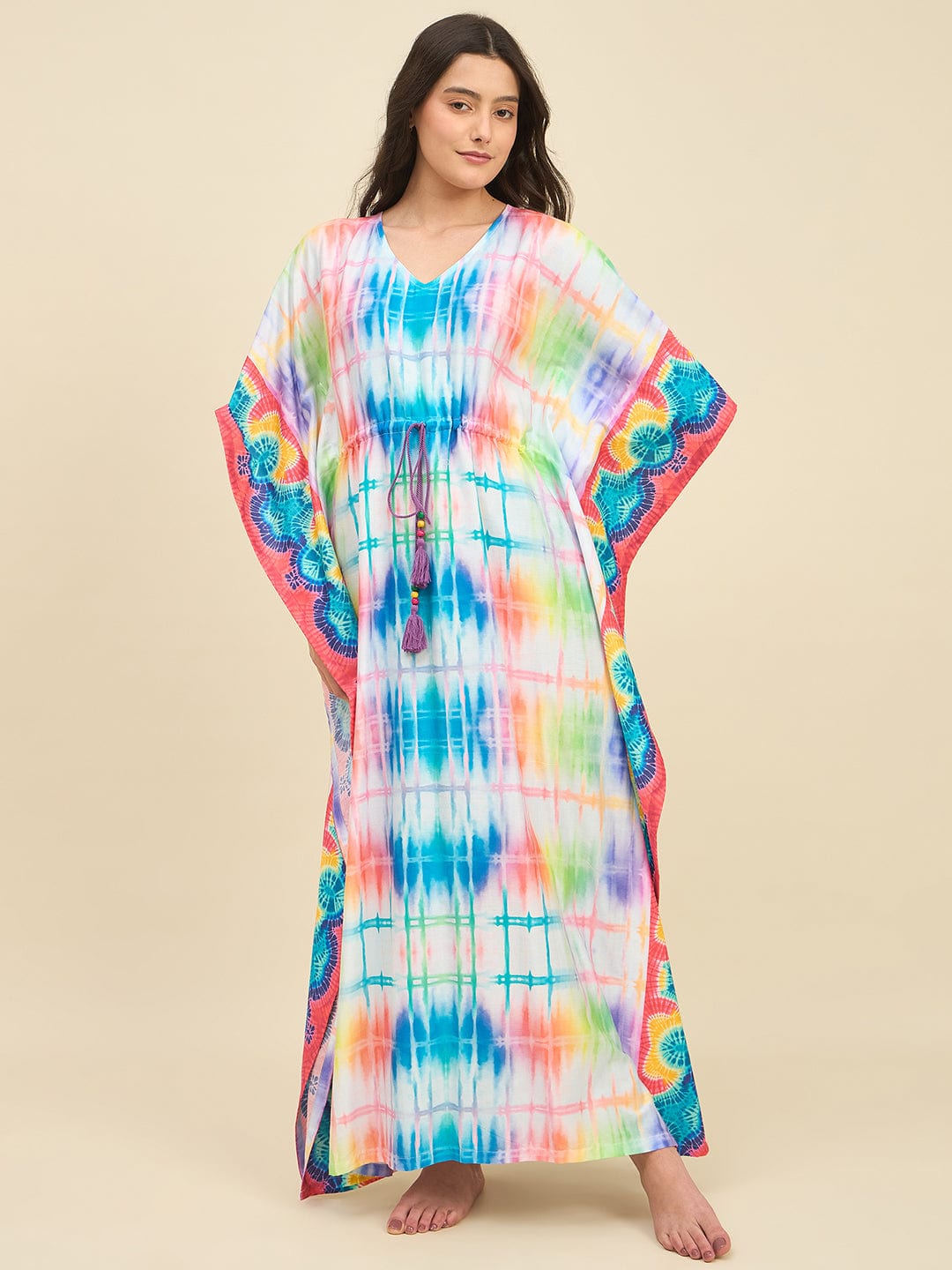 The Kaftan Company Kaftan Rainbow Grid Tie-Dye Printed Cotton Kaftan with Tassel Drawstring
