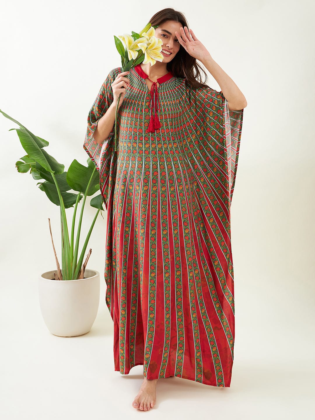 The Kaftan Company Kaftan Red and Blue Floral Strokes Kaftan