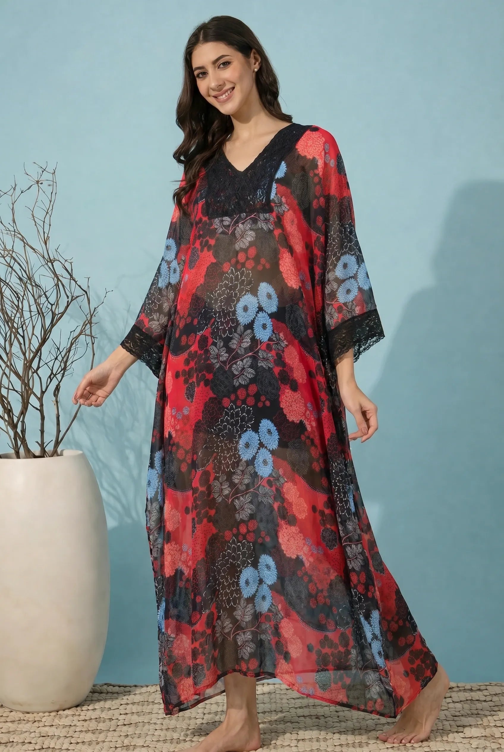 The Kaftan Company Kaftan Red & Black Floral Print Georgette Kaftan with Lace Trim