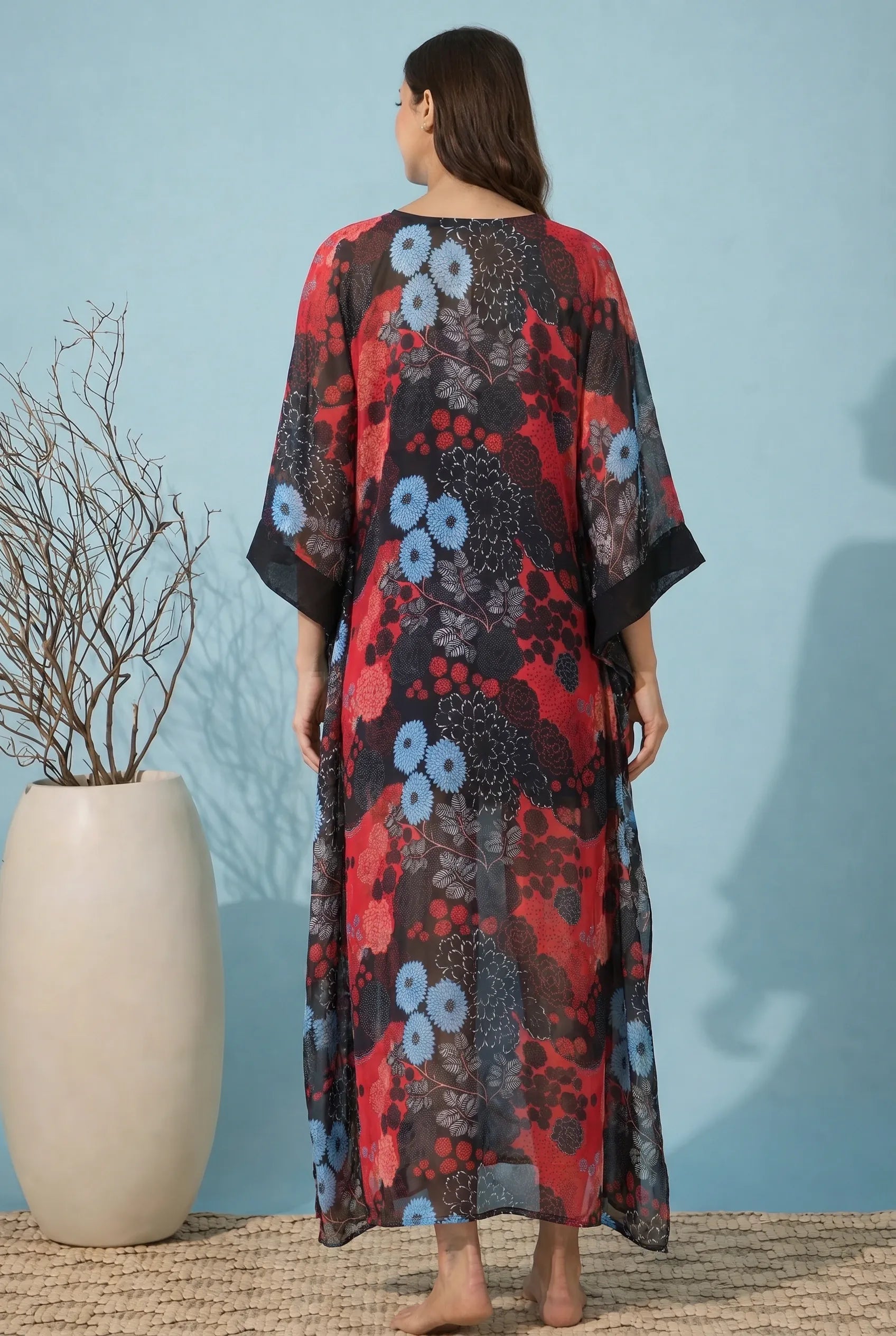 The Kaftan Company Kaftan Red & Black Floral Print Georgette Kaftan with Lace Trim