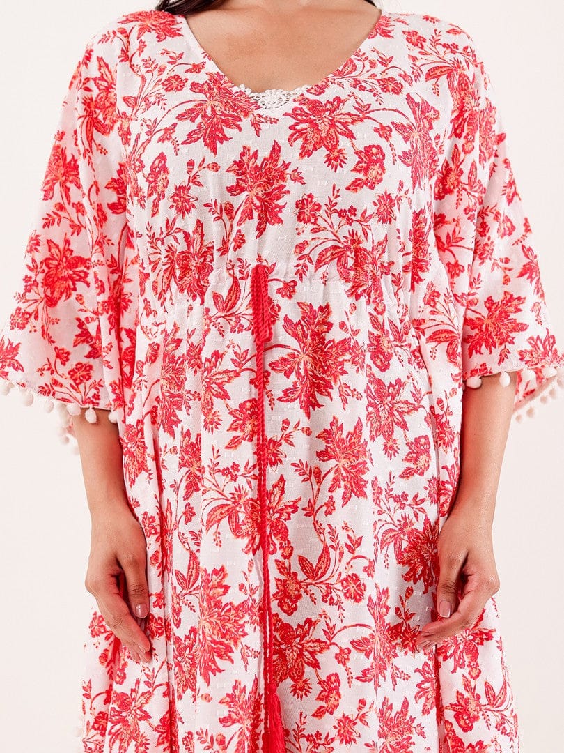 The Kaftan Company Kaftan Red Floral Printed Cotton Loungewear Kaftan