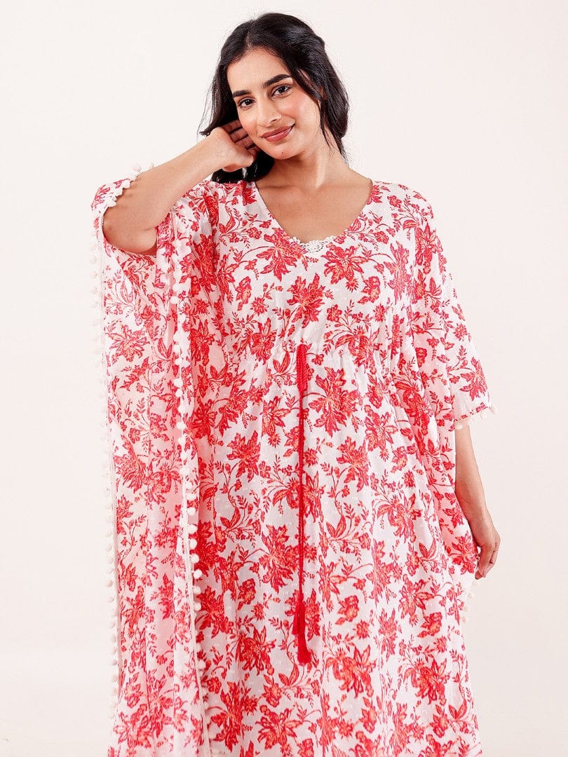 The Kaftan Company Kaftan Red Floral Printed Cotton Loungewear Kaftan