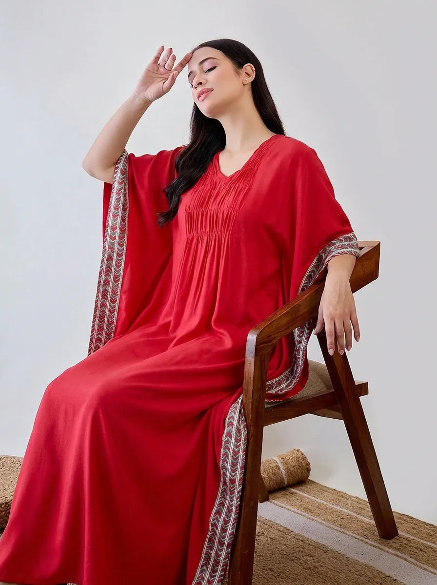 The Kaftan Company Kaftan Red Modal Kaftan with Contrast Border Trim