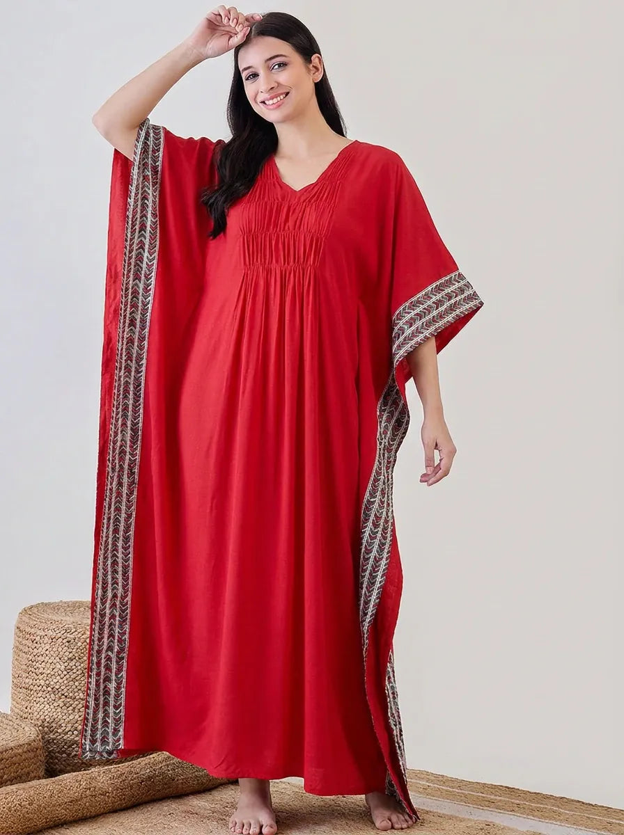 The Kaftan Company Kaftan Red Modal Kaftan with Contrast Border Trim