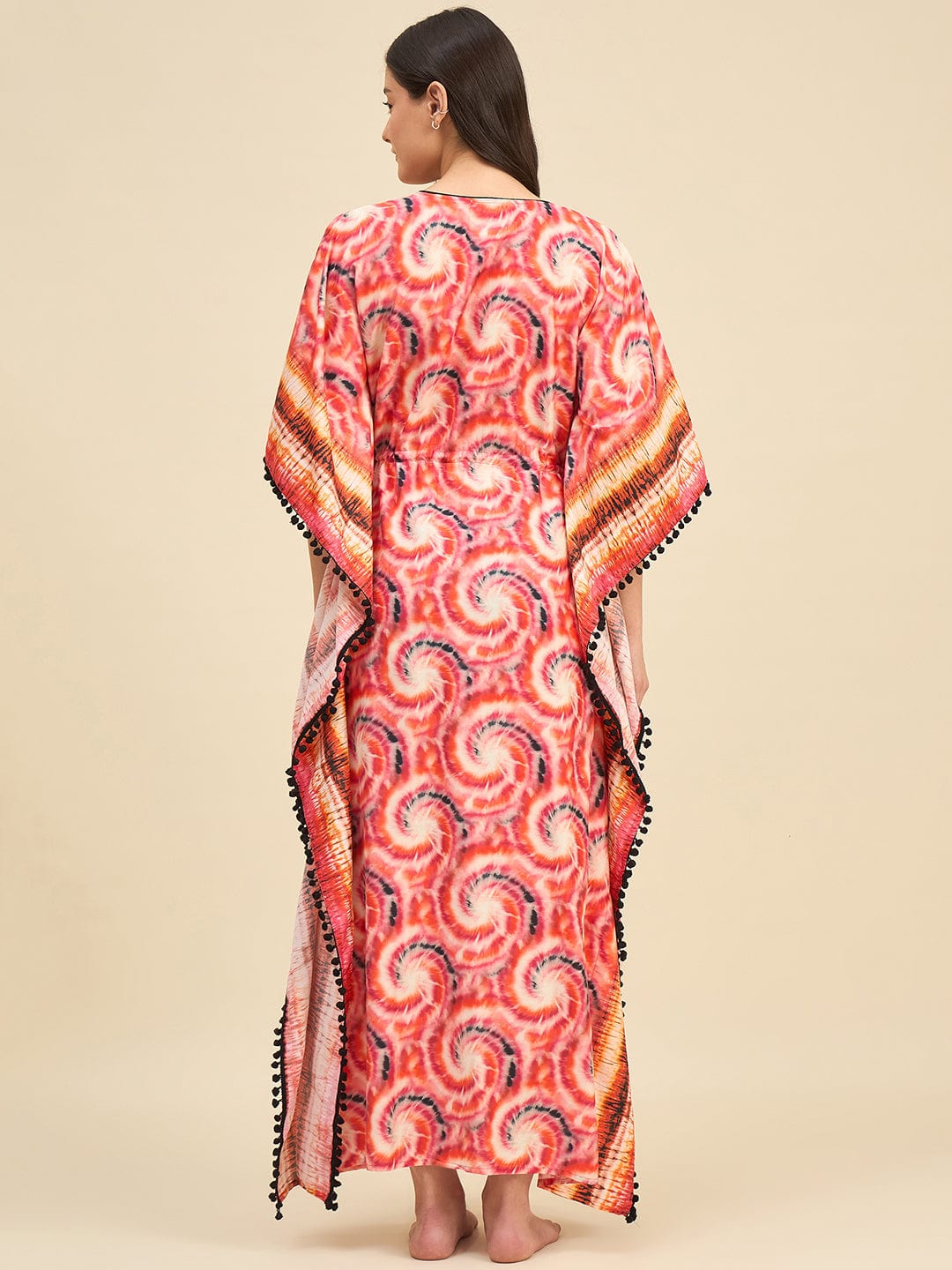 The Kaftan Company Kaftan Red & Orange Printed Tie-Dye Cotton Kaftan with Pom-Pom Detailing