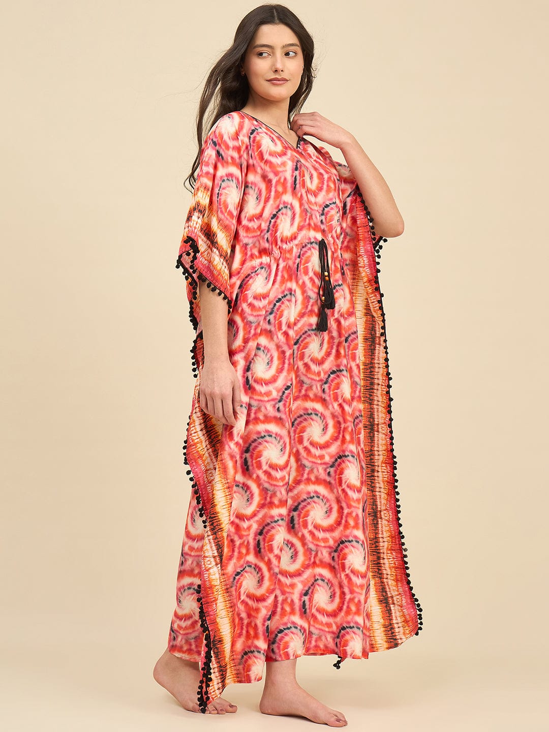 The Kaftan Company Kaftan Red & Orange Printed Tie-Dye Cotton Kaftan with Pom-Pom Detailing