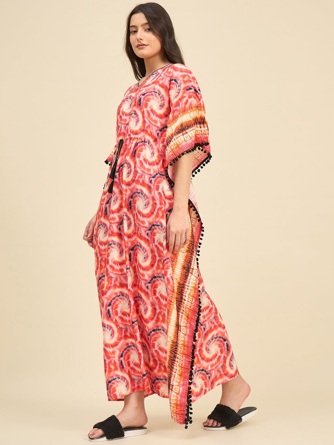 The Kaftan Company Kaftan Red & Orange Printed Tie-Dye Cotton Kaftan with Pom-Pom Detailing