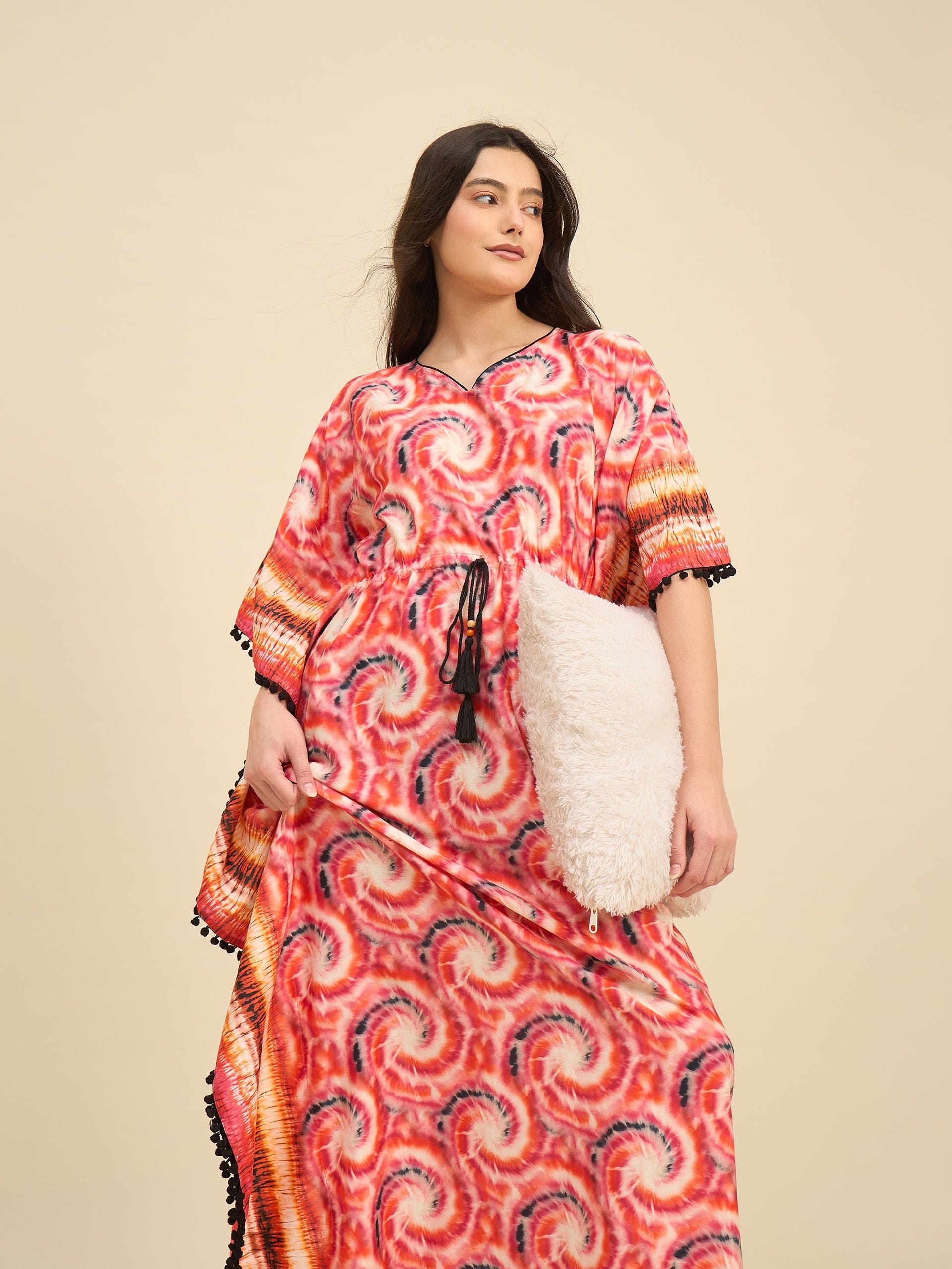 The Kaftan Company Kaftan Red & Orange Printed Tie-Dye Cotton Kaftan with Pom-Pom Detailing