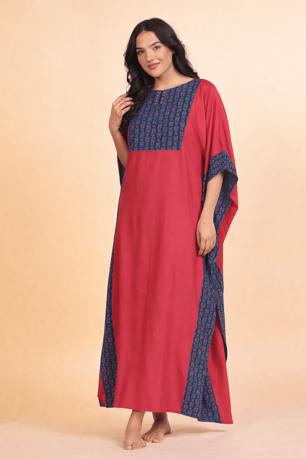 The Kaftan Company Kaftan Red Solid Viscose Rayon Kaftan with Cotton Printed Border Detail