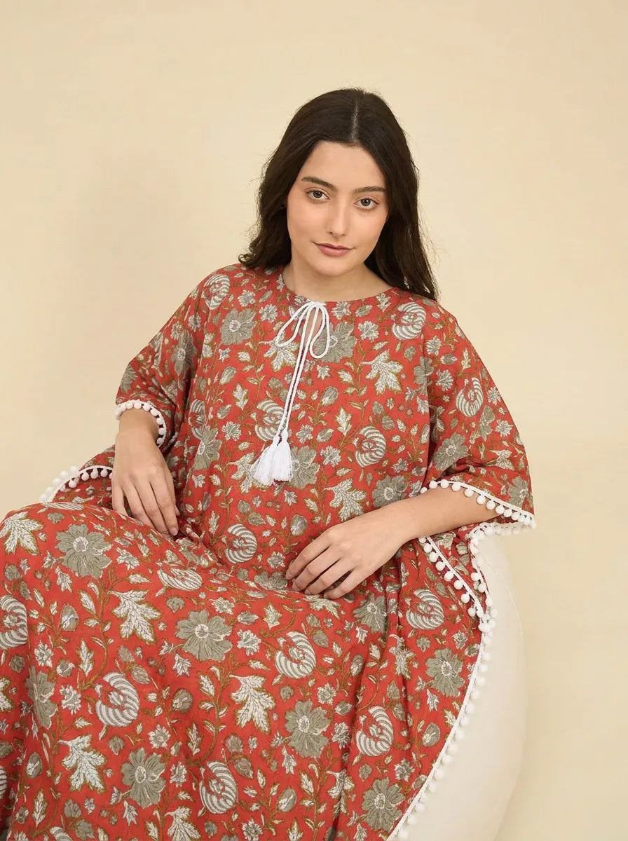 The Kaftan Company Kaftan Rust Mughal Floral Print Cotton Kaftan with Pom-Pom Trim