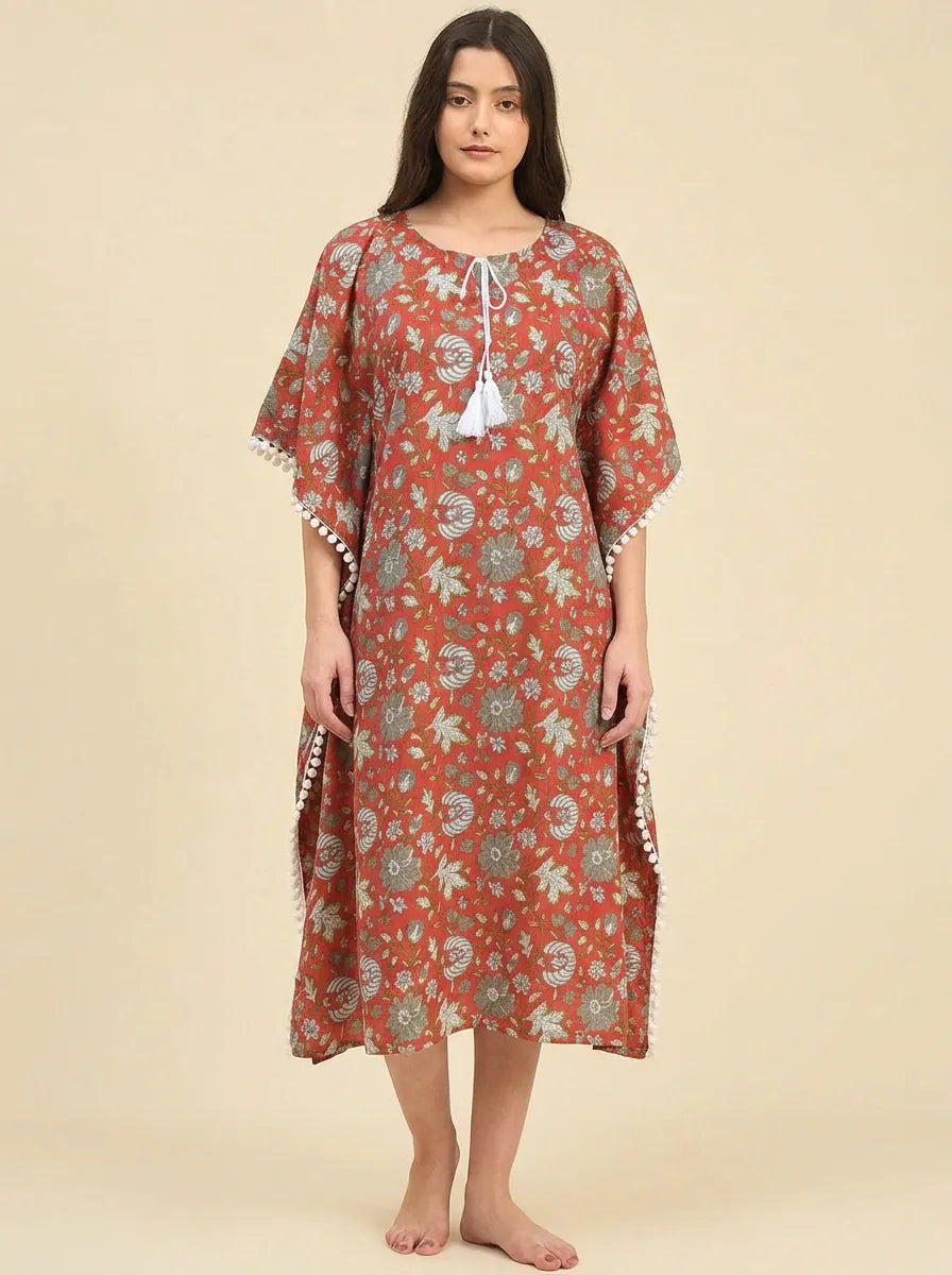 The Kaftan Company Kaftan Rust Mughal Floral Print Cotton Kaftan with Pom-Pom Trim