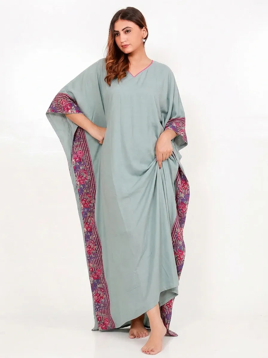 The Kaftan Company Kaftan Sage Green Viscose Kaftan with Borders