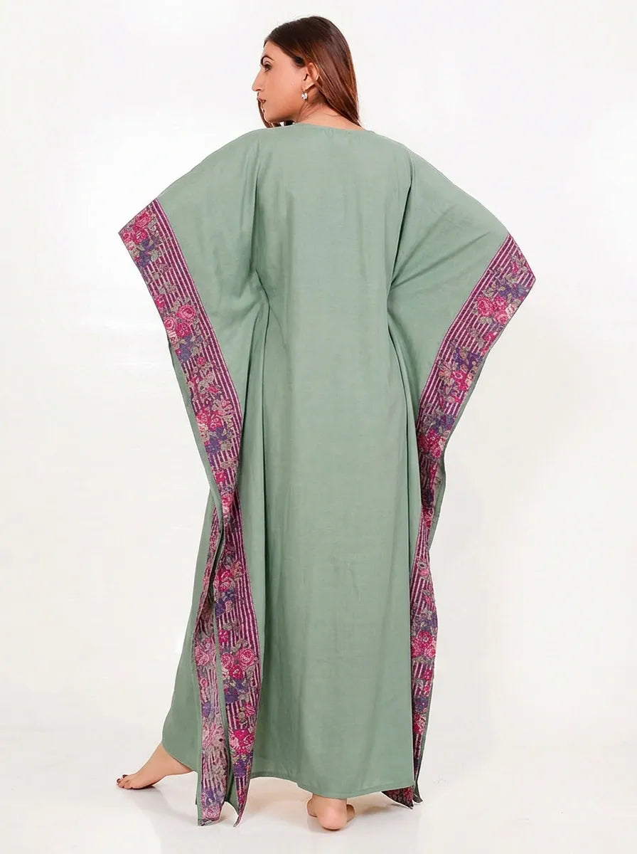 The Kaftan Company Kaftan Sage Green Viscose Kaftan with Borders