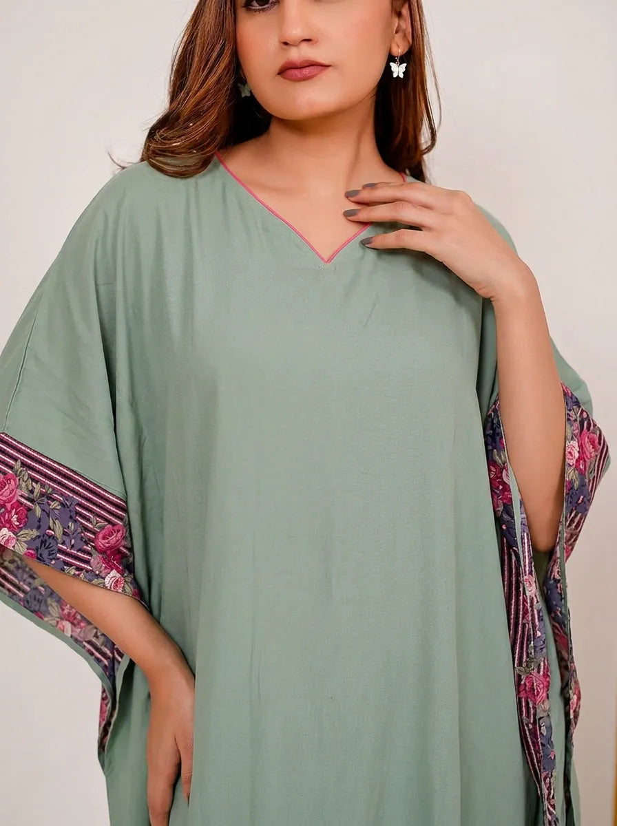 The Kaftan Company Kaftan Sage Green Viscose Kaftan with Borders