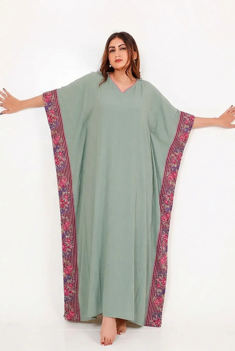 The Kaftan Company Kaftan Sage Green Viscose Kaftan with Borders