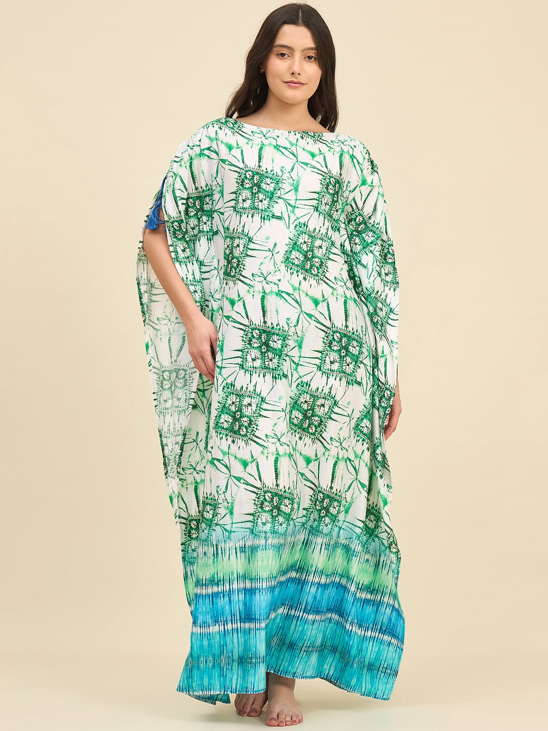 The Kaftan Company Kaftan Sea Green & Blue Bamboo Pattern Tie-Dye Kaftan in Cotton