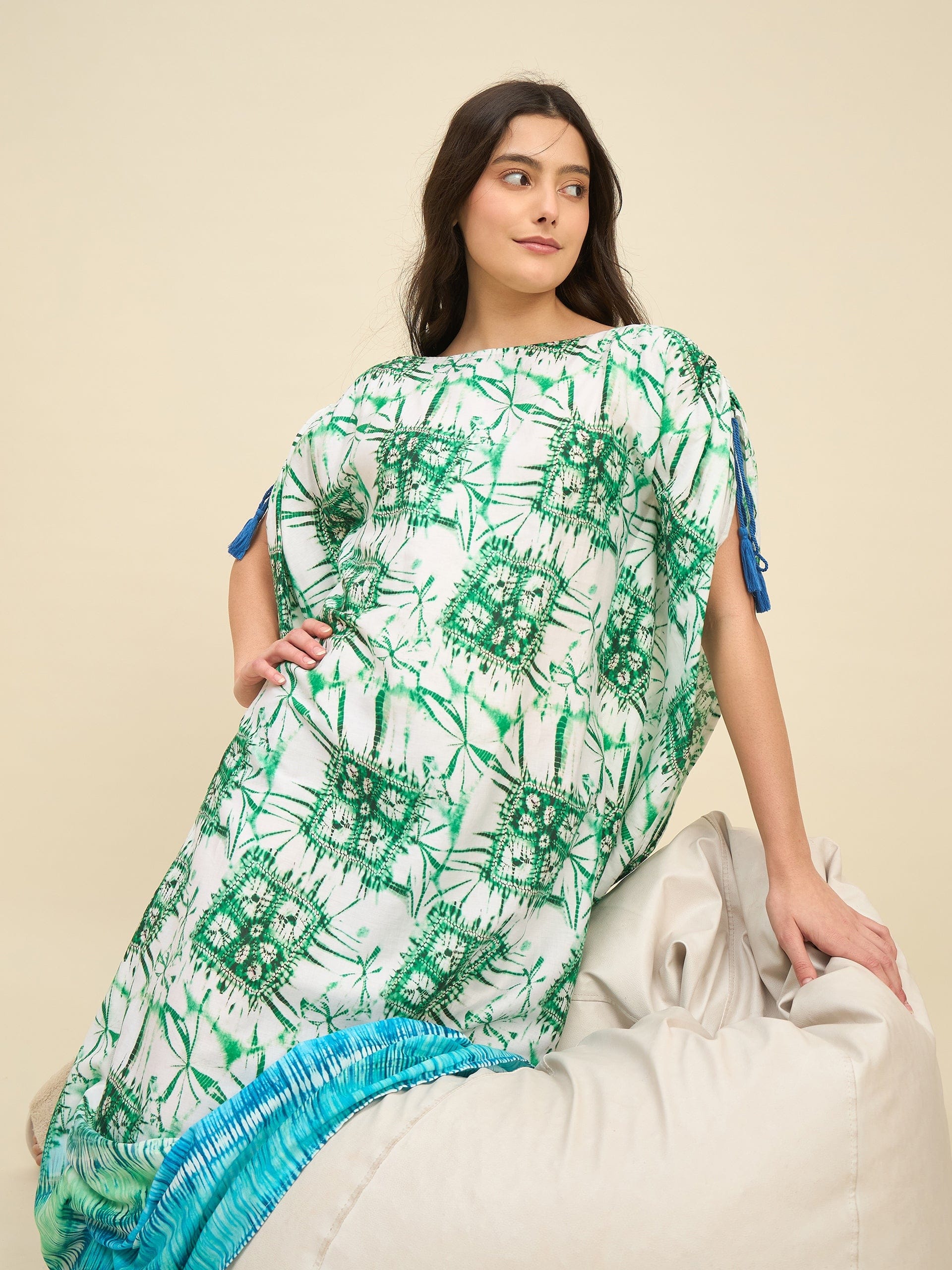 The Kaftan Company Kaftan Sea Green & Blue Bamboo Pattern Tie-Dye Kaftan in Cotton