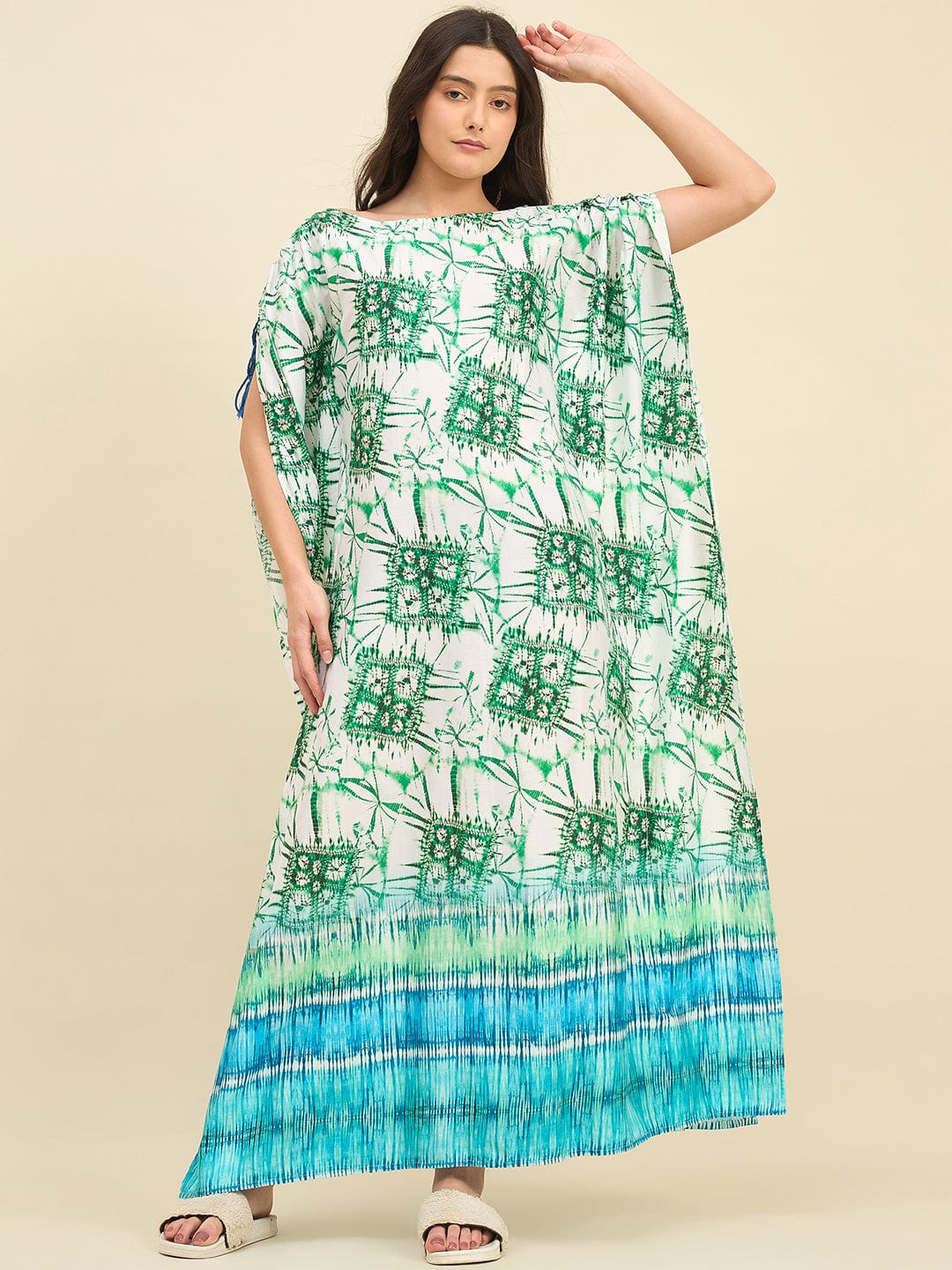 The Kaftan Company Kaftan Sea Green & Blue Bamboo Pattern Tie-Dye Kaftan in Cotton