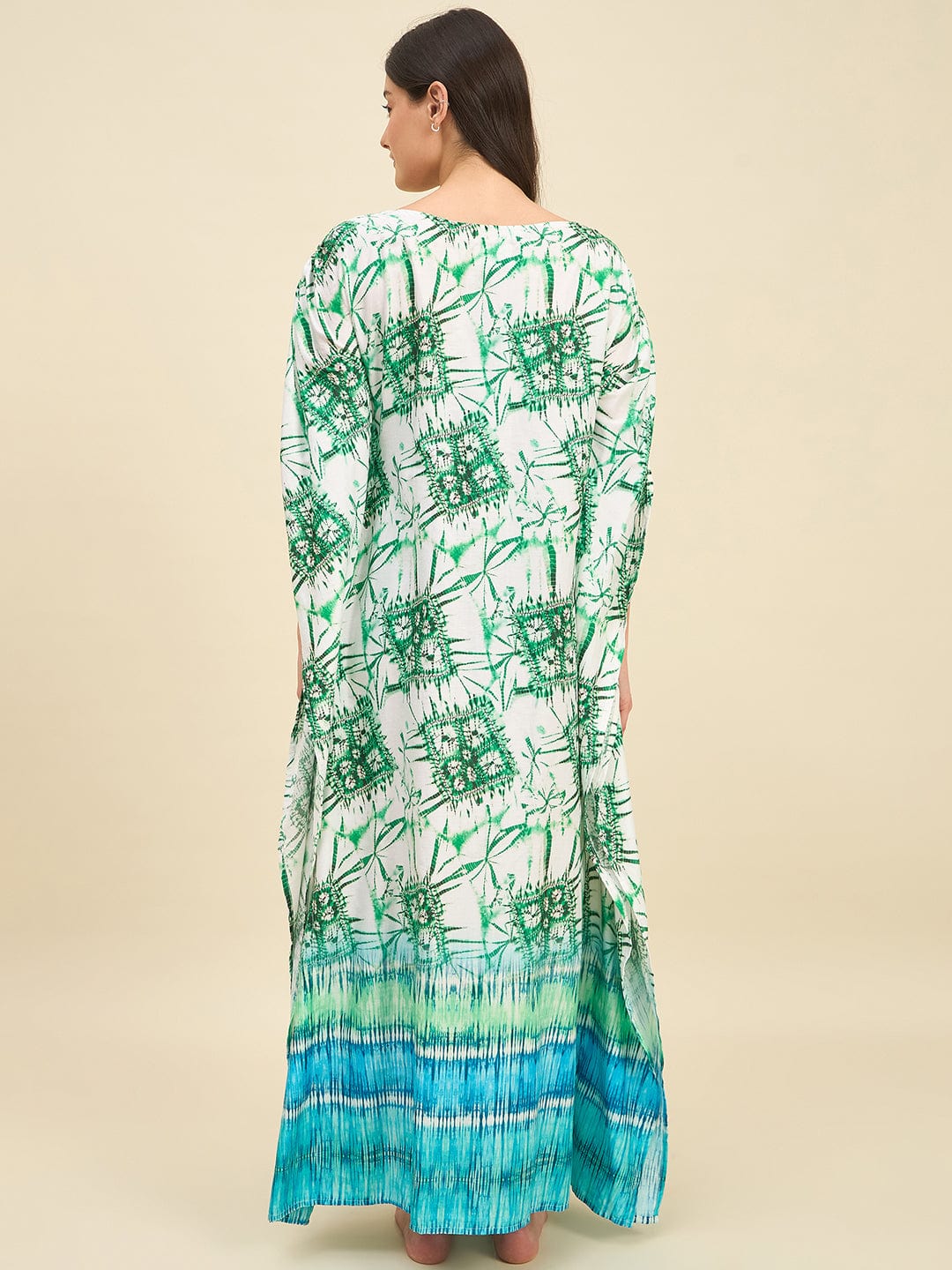 The Kaftan Company Kaftan Sea Green & Blue Bamboo Pattern Tie-Dye Kaftan in Cotton