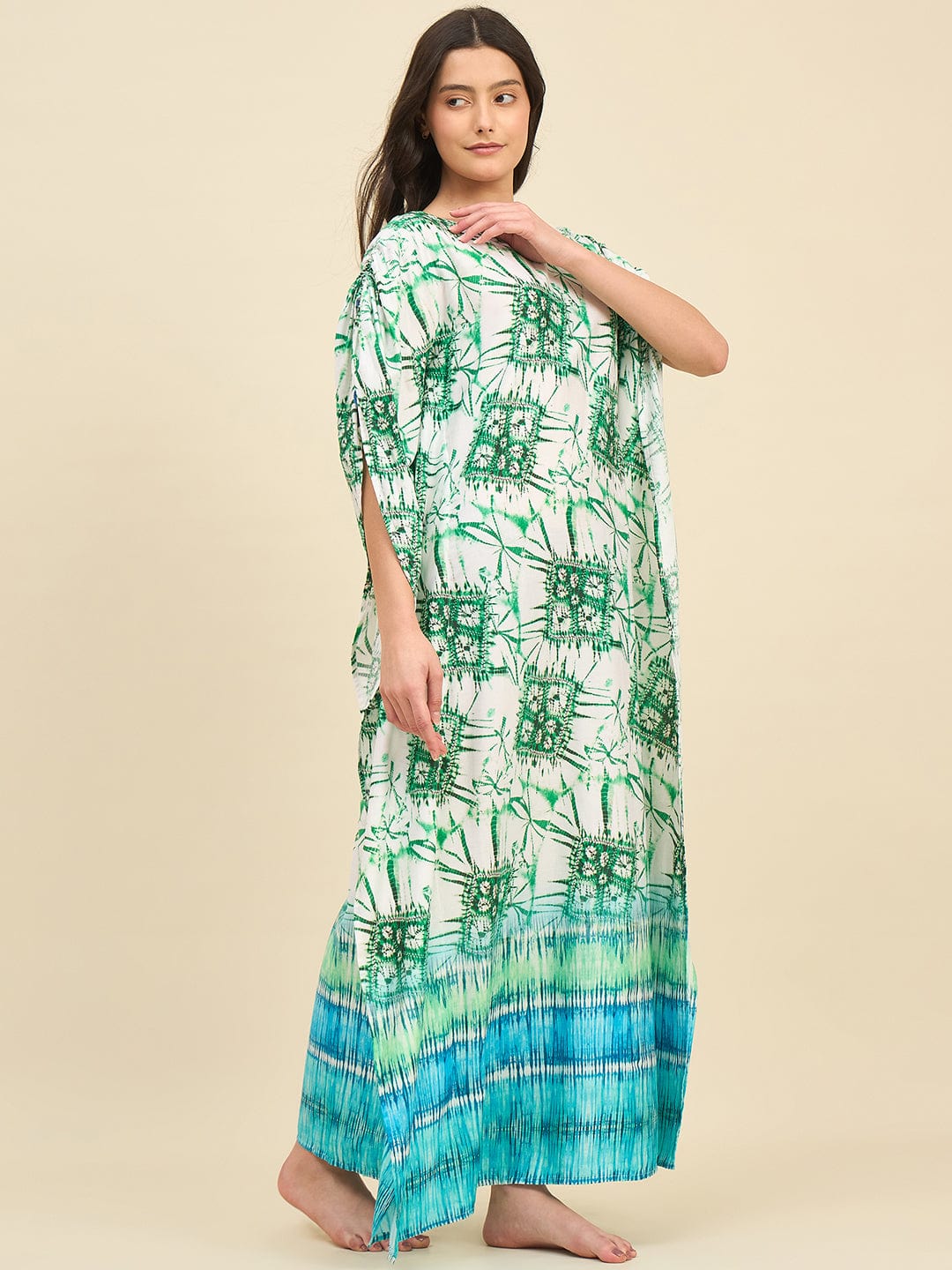 The Kaftan Company Kaftan Sea Green & Blue Bamboo Pattern Tie-Dye Kaftan in Cotton