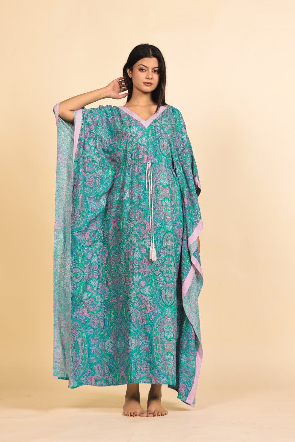 The Kaftan Company Kaftan Teal and Lilac Paisley Print Viscose Rayon Kaftan with Tassel Drawstring